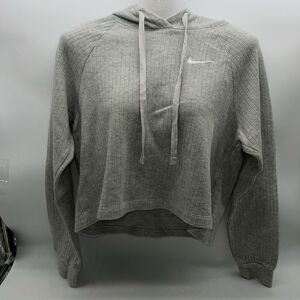 Nike Swoosh Streetwear Woman's Cropped Light Gray Ribbed Drawstring Hoodie-Sz S